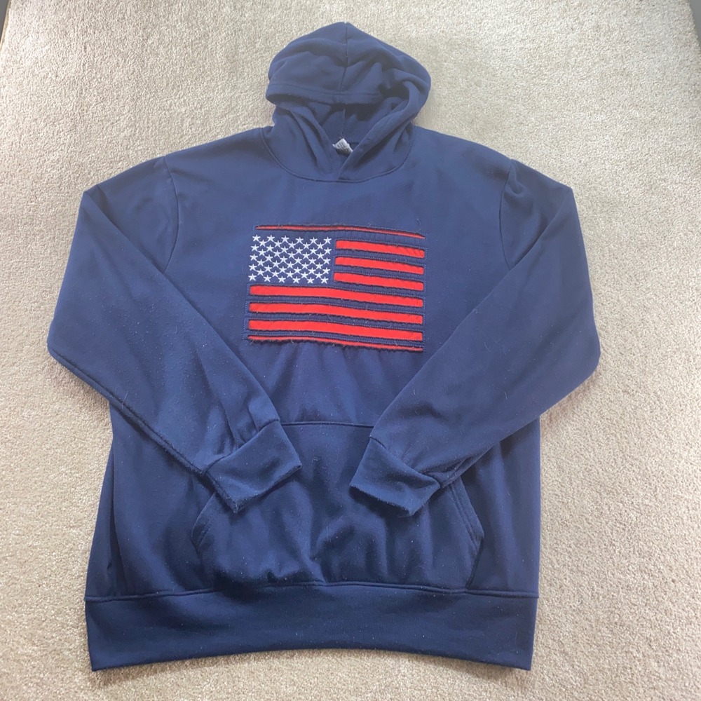 Buffalo Outdoors‎ Hoodie Mens 2XL Blue American Flag Patch Polyester Sweatshirt